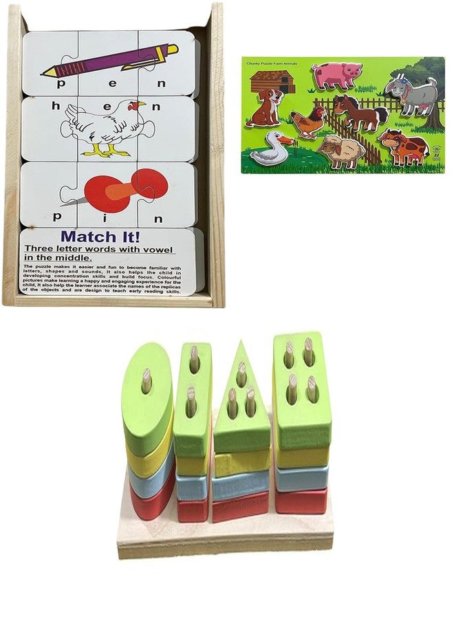 Kinder Creative 3 Letter Word Puzzles,Chunky Stacking Farm Animals Puzzle,Geometrical Column Blocks for Toddlers, Educational Puzzle and Toys for Kids Pack of 3 - Image 1